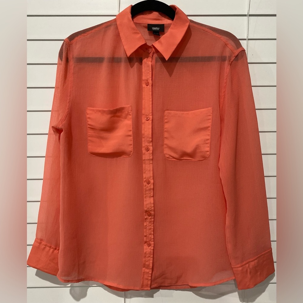 Mossimo Women’s Peach Long Sleeve Polyester Collared Cuffed Blouse Shirt XS